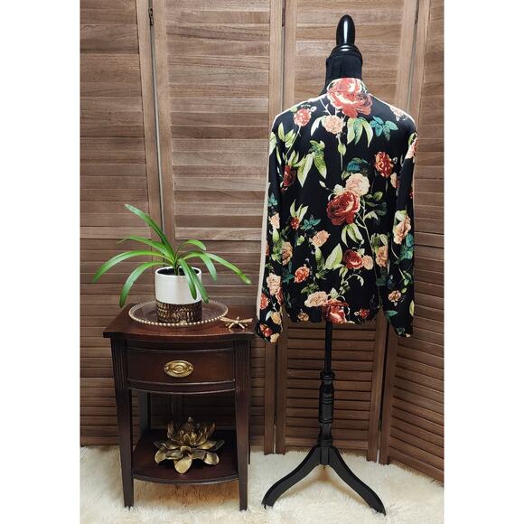 Jeans By Buffalo Womens Size Large L Retro Floral Rose Zip-Up Black Jacket - Picture 6 of 7